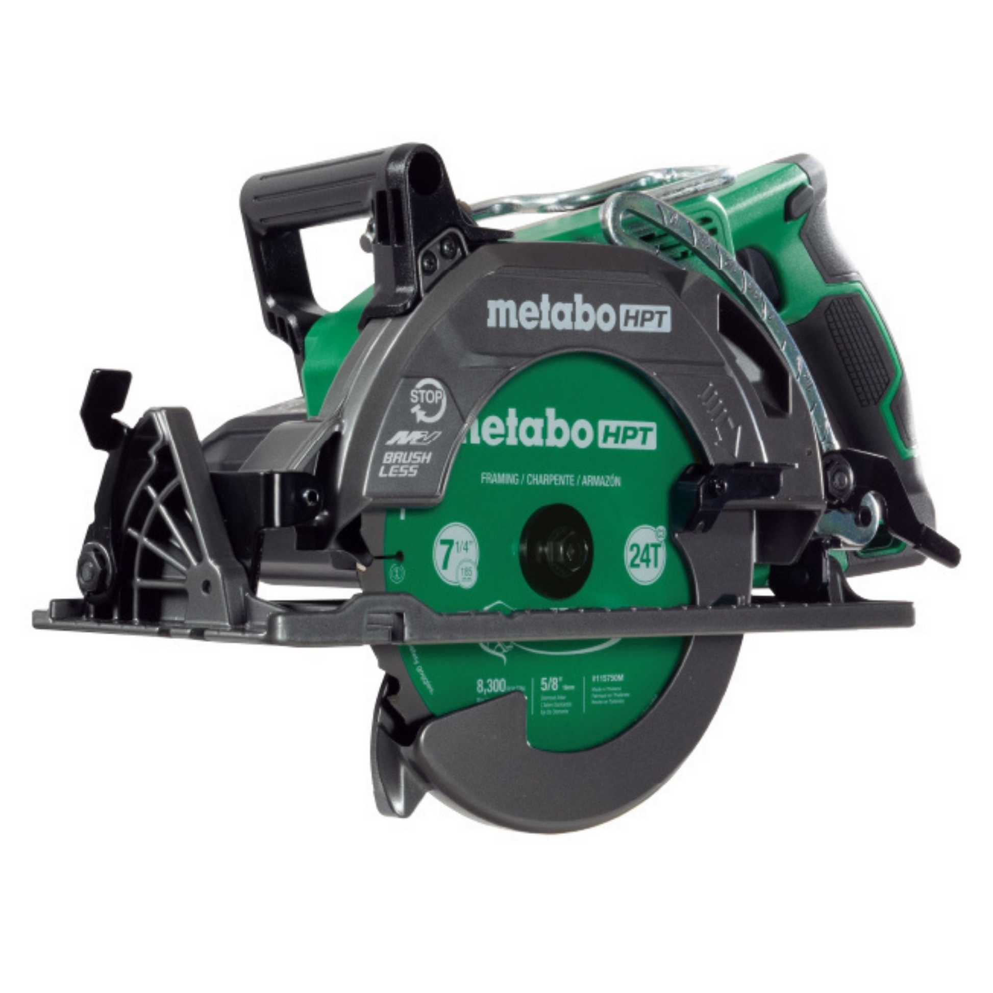 The Go Build Metabo HPT C3607DWA 36V MultiVolt 7-1/4" Rear Handle Circular Saw features a brushless motor, blade, handle, and safety guard in a green and black design, shown from the side.