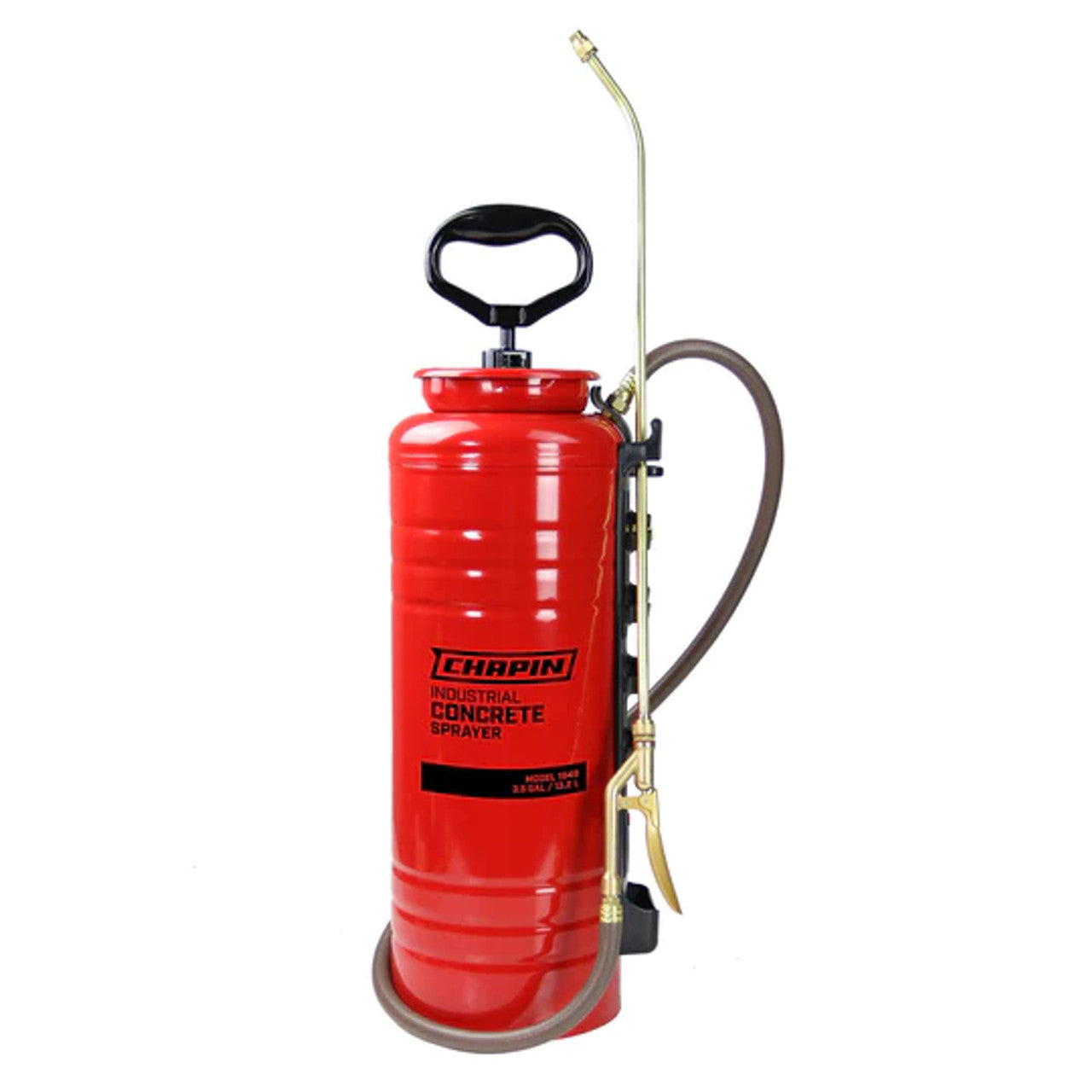 A red PACOA 3.5 Gallon Industrial Concrete Sprayer (Model 1949) features a black handle, long hose, and metal spray wand—ideal for contractors applying construction chemicals with its heavy duty steel tank.