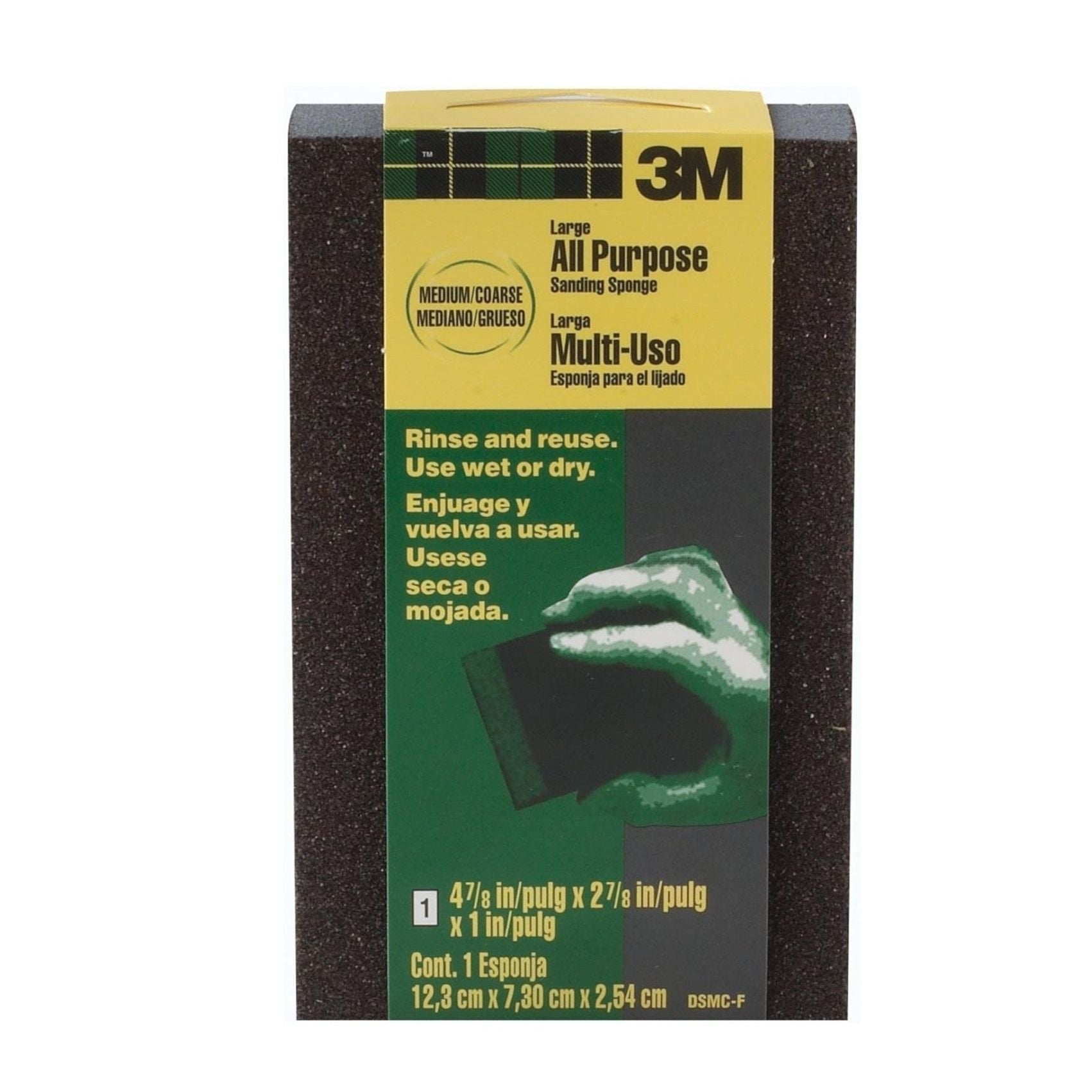 The 3M DSMC-F sanding sponge package features a dark sanding block labeled Large All Purpose with medium/coarse grit. Ideal for detail sanding, use it wet or dry. Dimensions (4-7/8x2-7/8x1) are clearly displayed on the packaging.