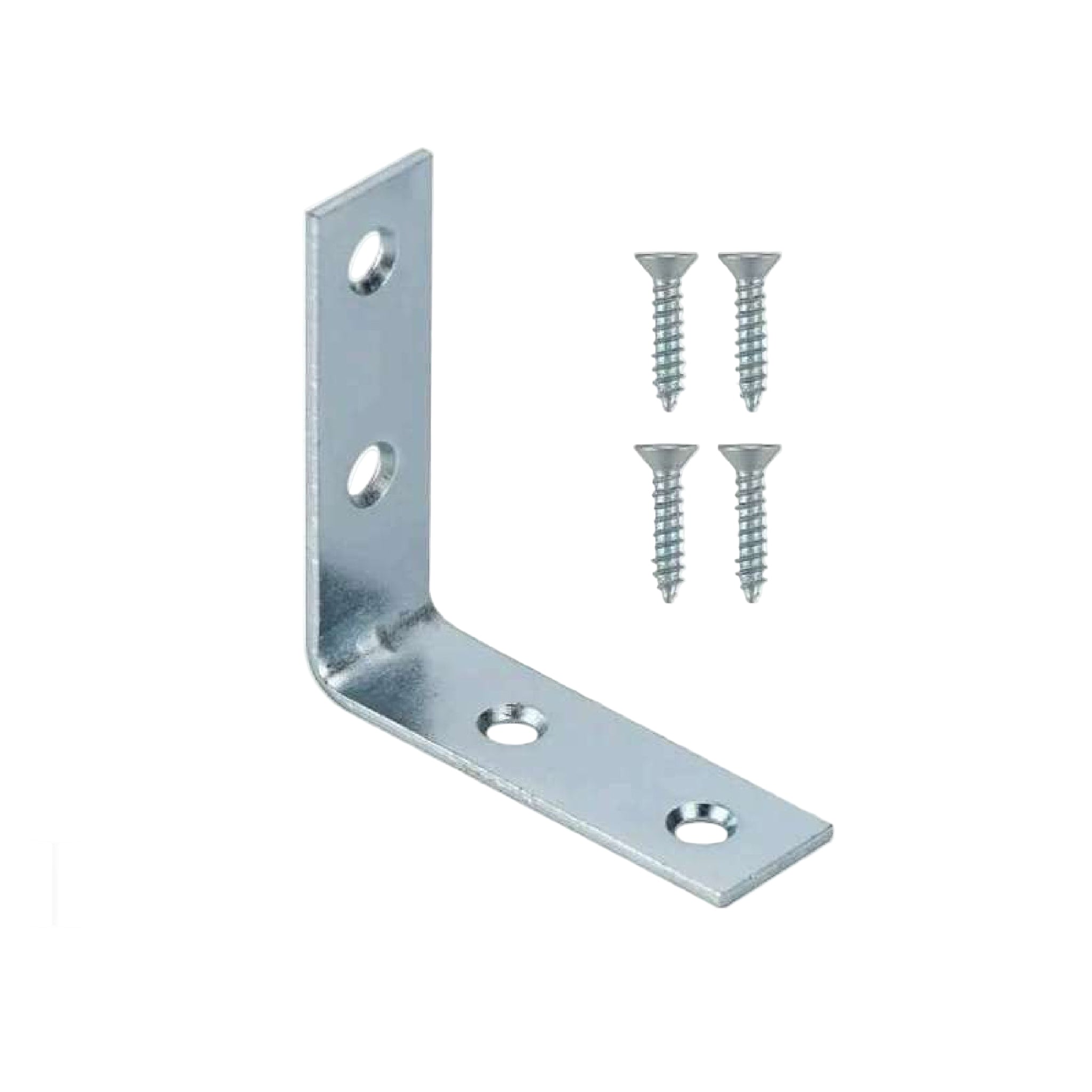 The G FORCE 40040 2-1/2 in. Double Wide Corner Brace Zinc Plated (2PC/Pack) is shown with four silver screws on a white background—perfect for heavy-duty structural joints.