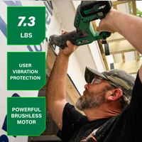 A man with safety glasses and a cap uses the Metabo HPT CR18DMAQ4 18V MultiVolt™ Cordless Compact Reciprocating Saw by Go Build. Overlay text shows: 7.3 lbs, user vibration protection, and powerful brushless motor.
