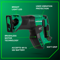 The Go Build Metabo HPT CR18DMAQ4 18V MultiVolt™ Cordless Compact Reciprocating Saw (tool body only) is shown in green and black with labeled features: LED light, vibration protection, brushless motor, battery compatibility & soft grip handle.