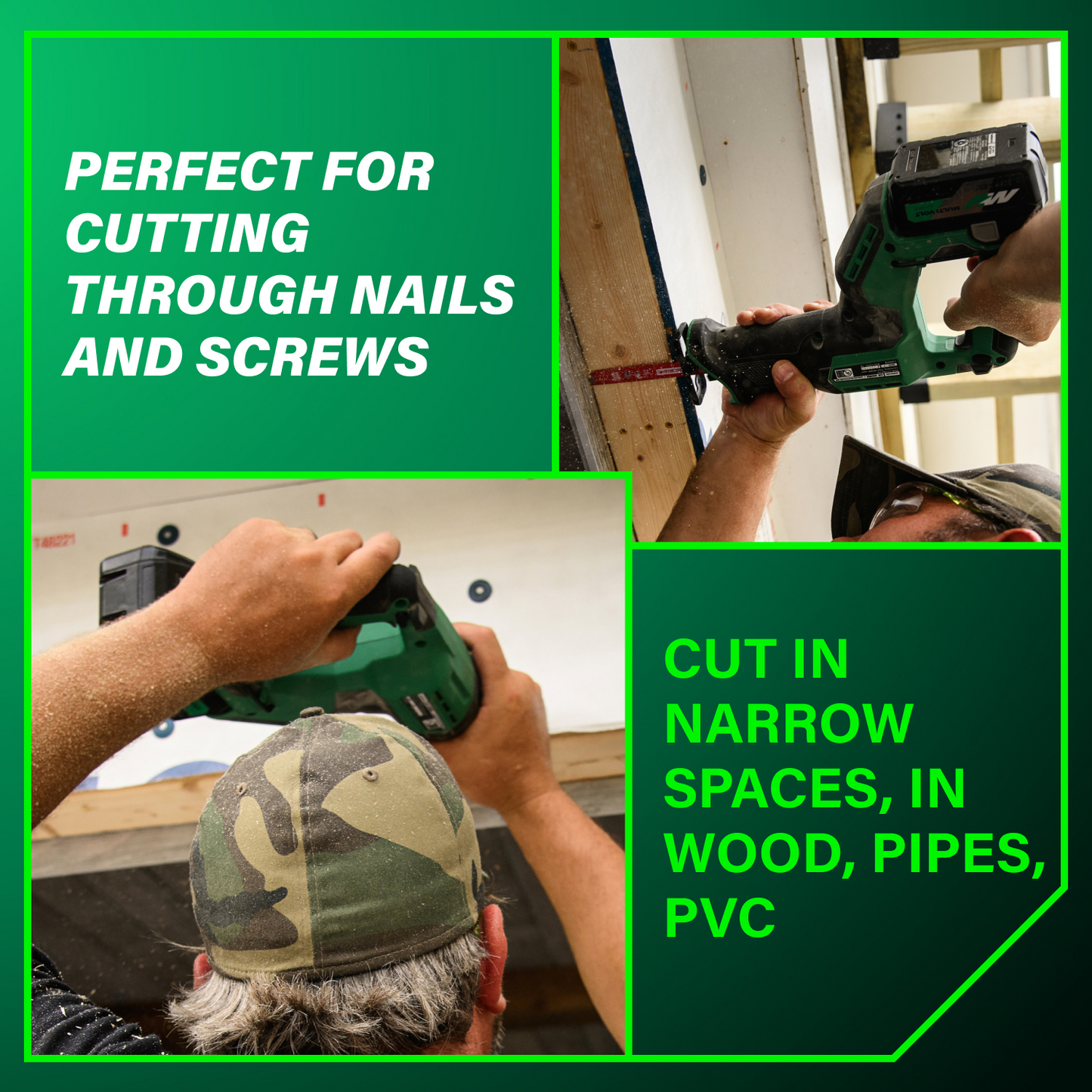 Wearing a camouflage hat, a person uses the Metabo HPT CR18DMAQ4 18V MultiVolt™ Cordless Compact Reciprocating Saw by Go Build—perfect for cutting nails, screws, wood, pipes, and PVC, even in narrow spaces.