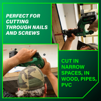Wearing a camouflage hat, a person uses the Metabo HPT CR18DMAQ4 18V MultiVolt™ Cordless Compact Reciprocating Saw by Go Build—perfect for cutting nails, screws, wood, pipes, and PVC, even in narrow spaces.