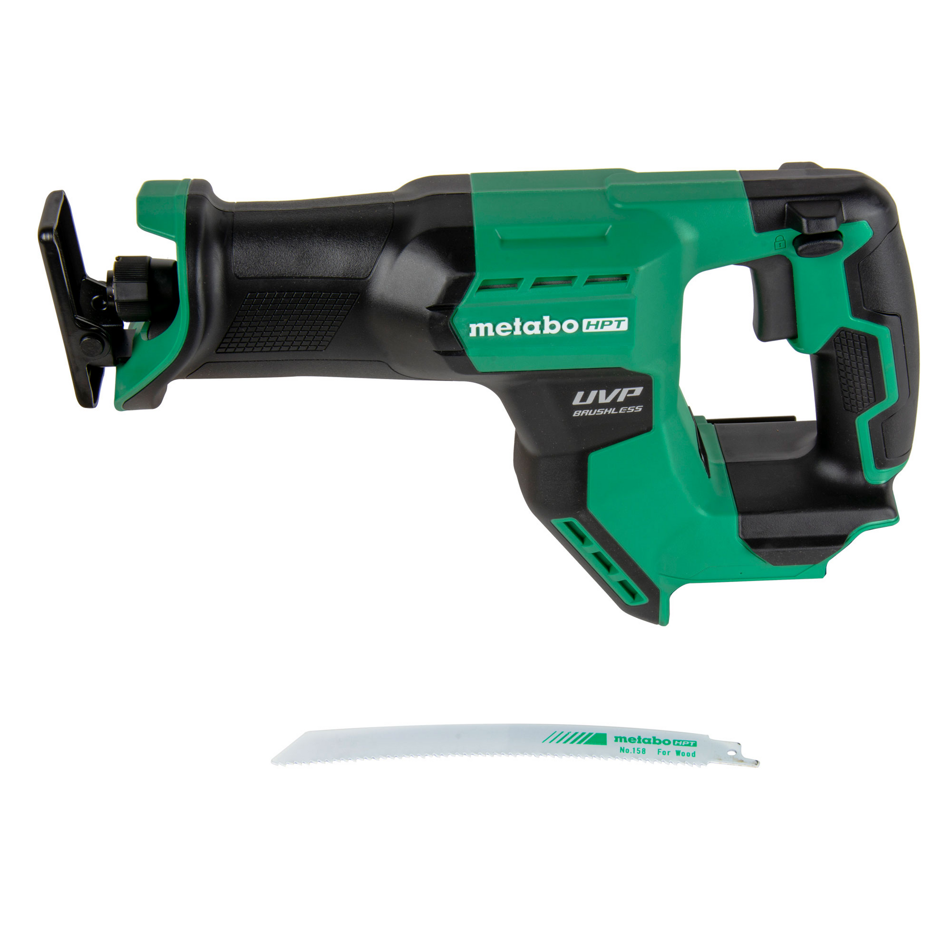 A Metabo HPT CR18DMAQ4 18V MultiVolt™ Cordless Compact Reciprocating Saw (tool body only) by Go Build, The Fastest Way To Build, with a detached blade, is placed below it on a white background.