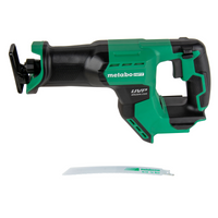 A Metabo HPT CR18DMAQ4 18V MultiVolt™ Cordless Compact Reciprocating Saw (tool body only) by Go Build, The Fastest Way To Build, with a detached blade, is placed below it on a white background.