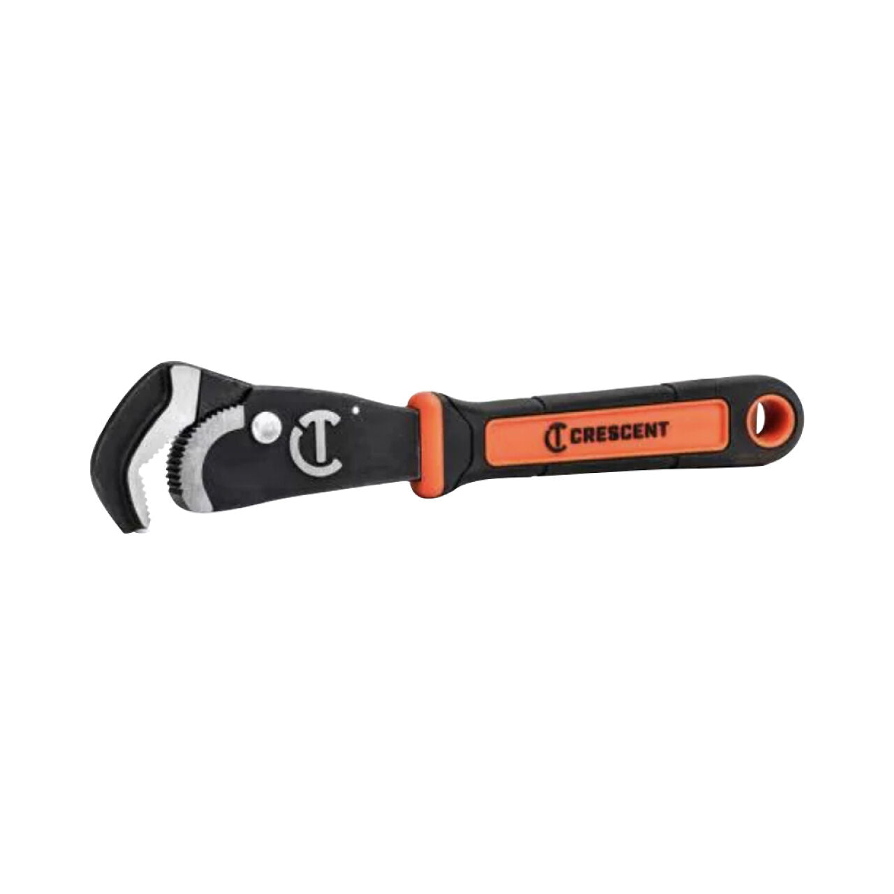 Go Build 12 in. Self-Adjusting Pipe Wrench with a black and orange handle, curved jaw, and textured grip, similar to a Crescent pipe wrench, isolated on a white background.