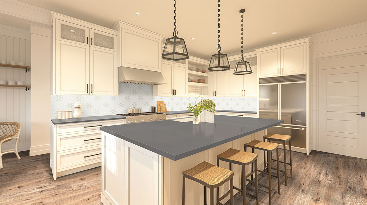 Bright, modern kitchen featuring cream cabinets, a large gray island with wooden stools, pendant lights, stainless steel appliances, MSI Cyrus Fauna Luxury Vinyl Planks flooring (waterproof), patterned backsplash, and decorative plants on the island.