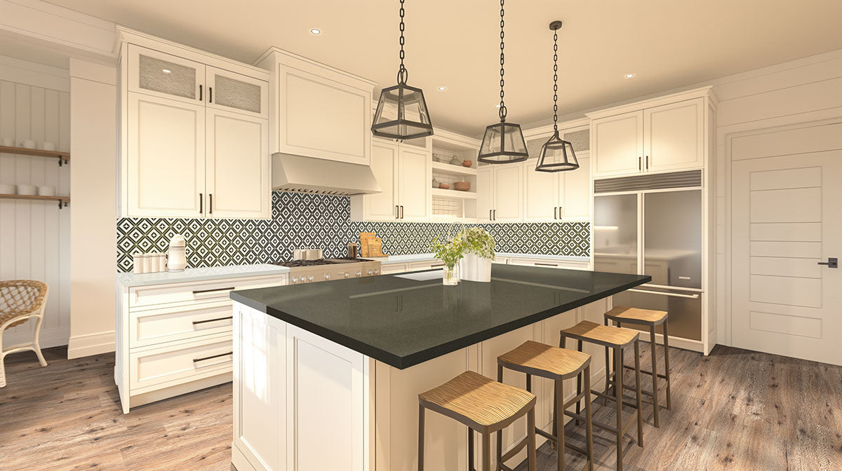 Modern kitchen with white cabinets, a black countertop island and four wooden stools, patterned tile backsplash, three pendant lights, stainless steel appliances, and MSI Cyrus Fauna Luxury Vinyl Planks flooring. A potted plant sits on the island.