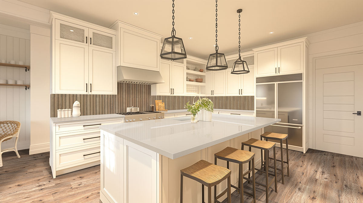 Bright, modern kitchen with white cabinets, large island and four wooden stools, pendant lights, stainless steel appliances, and waterproof MSI Cyrus Fauna Luxury Vinyl Planks flooring with CrystaLux™ protection. A plant decorates the island.