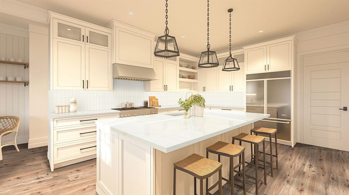 Bright, modern kitchen with white cabinets, a large island, four wooden stools, stainless steel appliances, pendant lights, and durable MSI Cyrus Fauna Luxury Vinyl Planks flooring for lasting style.