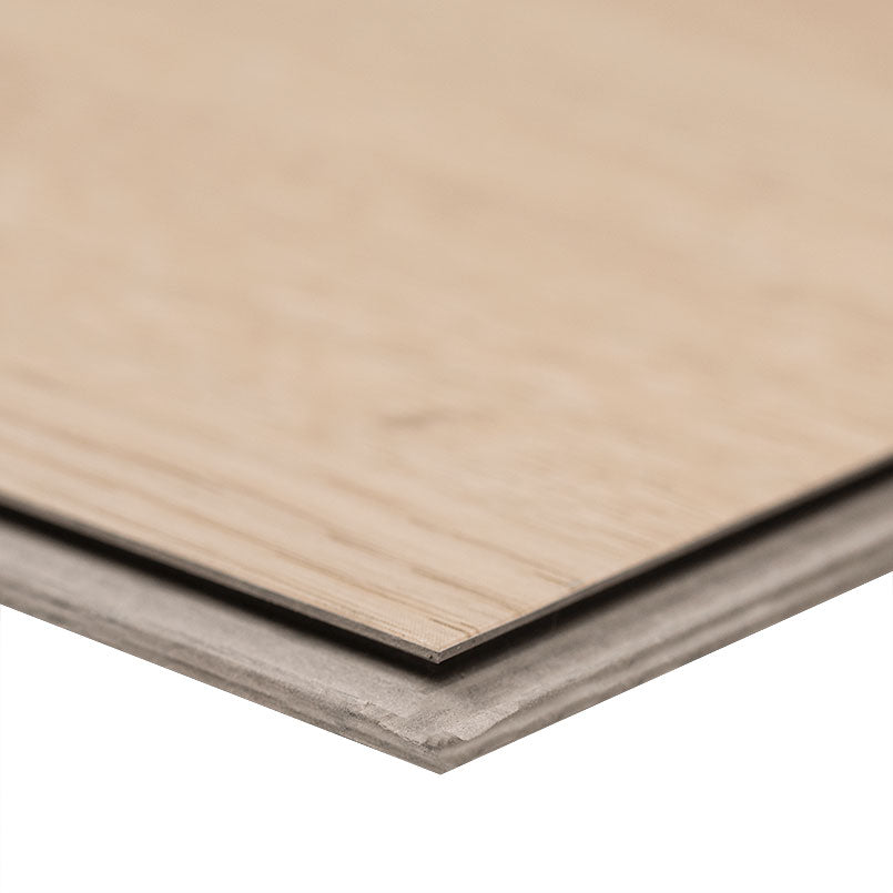 Close-up of two stacked MSI Cyrus Austell Grove Luxury Vinyl Planks (23.77 SQFT/box) showing wood grain design, interlocking edges, and CrystaLux™ protection on a white background.