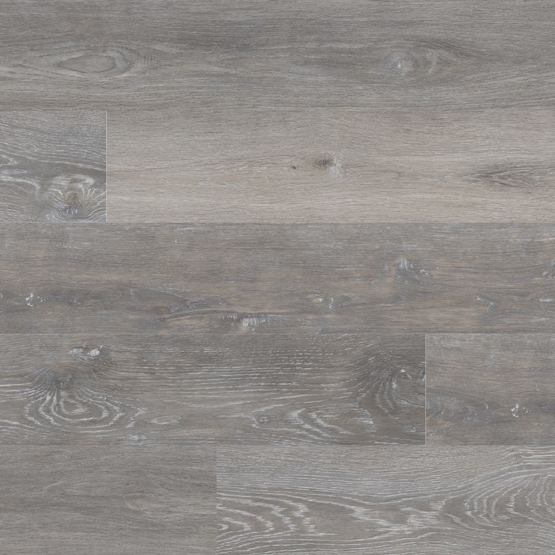 Close-up of MSI Cyrus Finely Luxury Vinyl Planks BOX (23.77 SQFT) shows grey and greige textured wood grain with subtle knots and shade variations; the CrystaLux™ wear layer adds durable, rustic style.