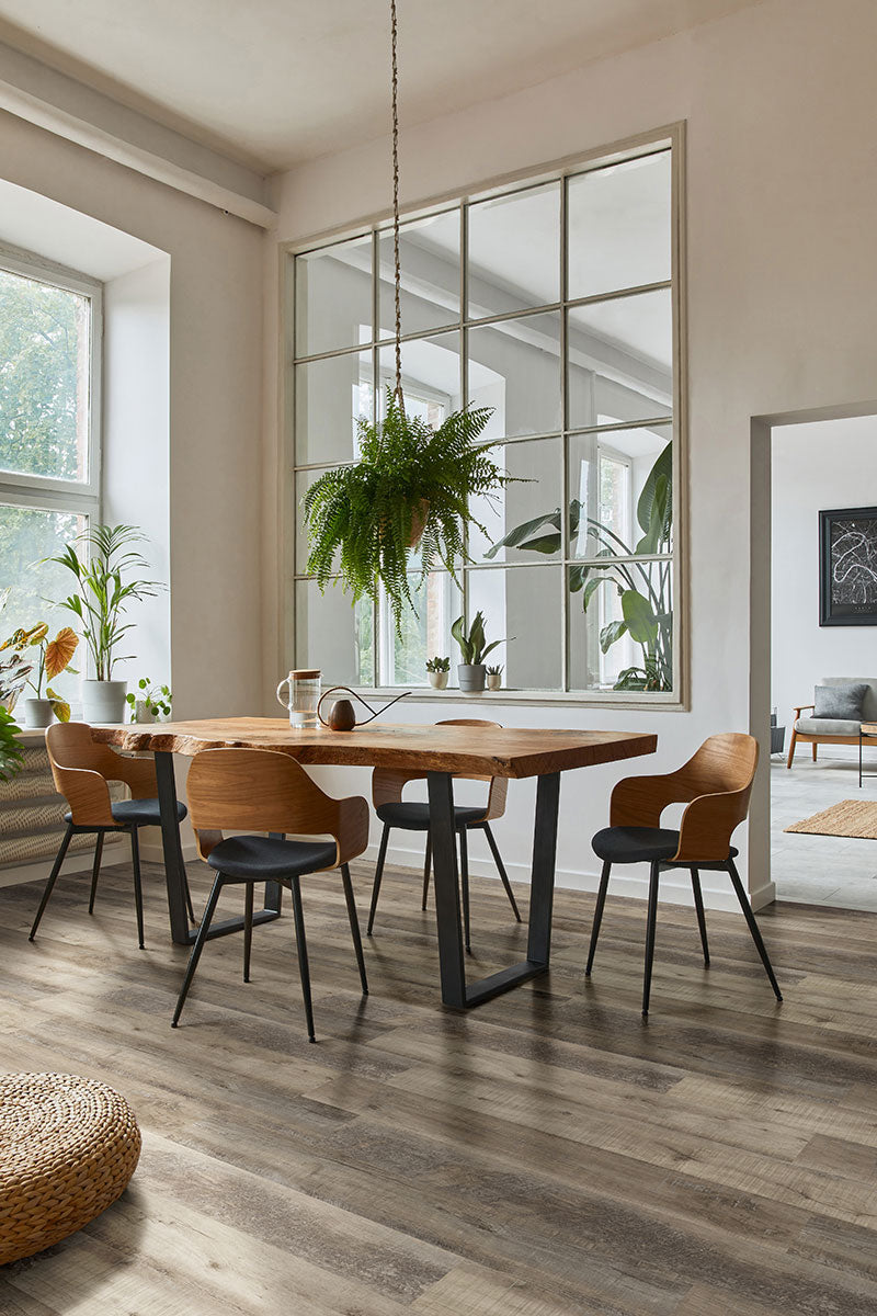 A modern dining room with a wooden table, four black-seated chairs, and MSI’s Cyrus Wolfeboro Luxury Vinyl Planks flooring. Rustic greige-gray planks with a waterproof SPC core complement greenery reflected from tall window mirrors.
