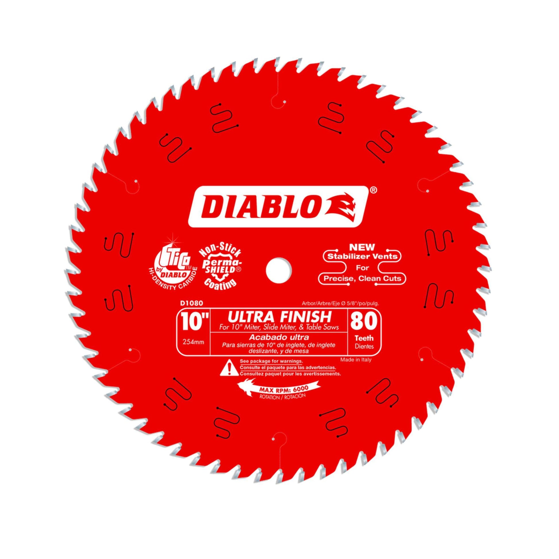The Diablo D1080X is a 10 in. circular saw blade with 80 teeth, designed for ultra-finish cuts on wood using miter or table saws. It features high-performance carbide tips, and is labeled for smooth cutting results.