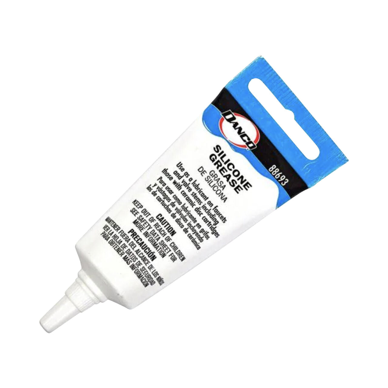 A white tube of Go Build 0.5 oz. Silicone Faucet Grease with a blue cap and black text provides waterproof, odorless lubrication for faucets. Features product info and warnings on the front. Brand: The Fastest Way To Build.