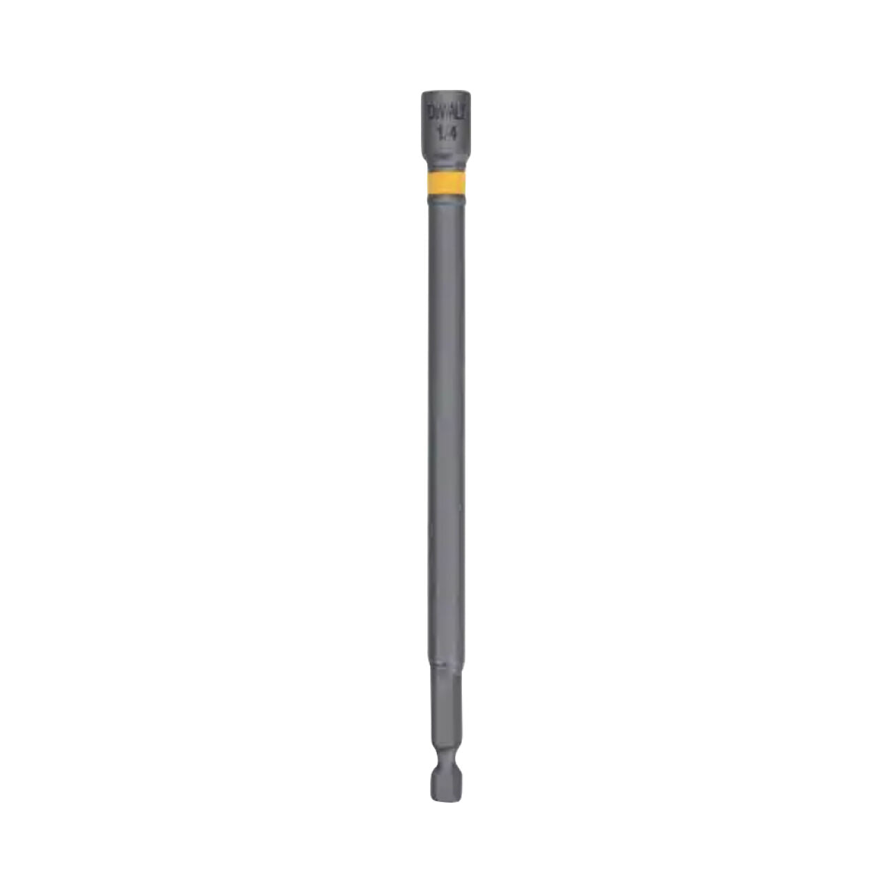 A single gray Go Build 1/4 in. x 6 in. MAXFIT Nut Driver with a yellow band is shown vertically on a white background, featuring an industrial-strength magnet for secure use with impact drivers. Brand: The Fastest Way To Build.