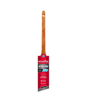 The WOOSTER Ultra/Pro Firm Thin Angle Sash Paint Brush, with a wooden handle and red label, is favored by professionals for its light bristles that provide precise detail work. Clearly marked at 1½, it is ideal for accurate painting tasks.