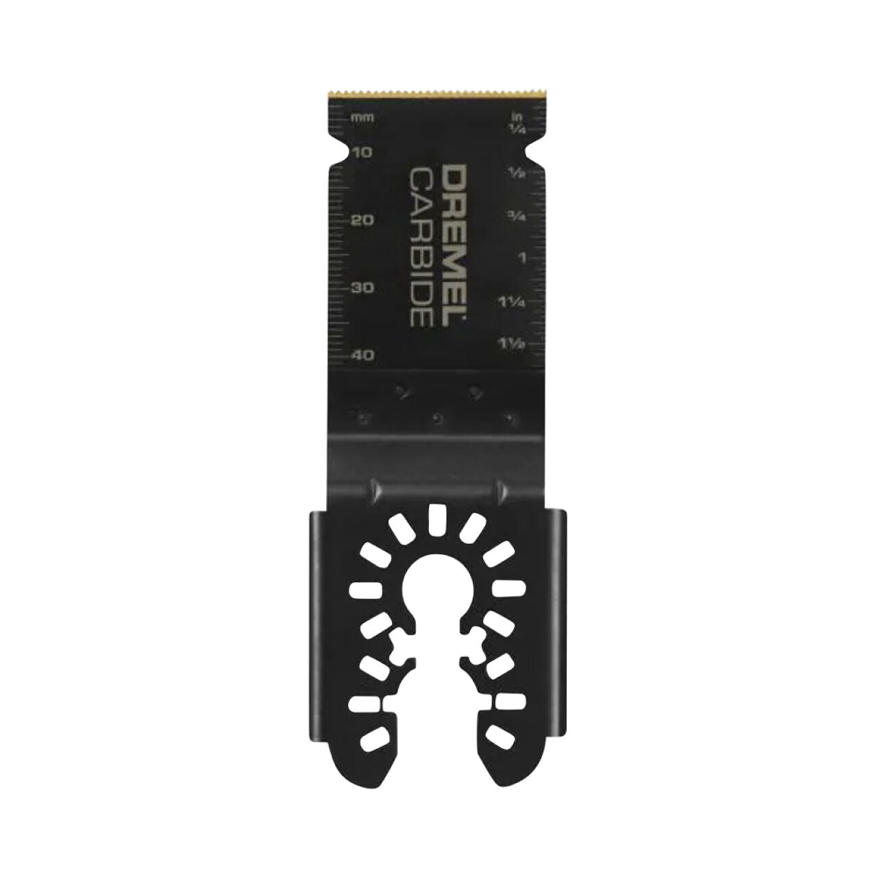 The Go Build 1-1/8 in. Carbide Flush Cutting Oscillating Multi-Tool Blade features measurement markings in mm and inches, a universal open-back connector for easy attachment, and is designed for use with oscillating multi-tools.