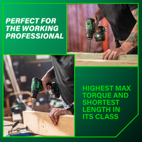 A person uses a green Metabo HPT DS18DEX 18V MultiVolt™ Cordless Brushless Driver Drill Kit on a wooden plank. Text: Go Build—The Fastest Way To Build. Delivers highest max torque and shortest length in its class.