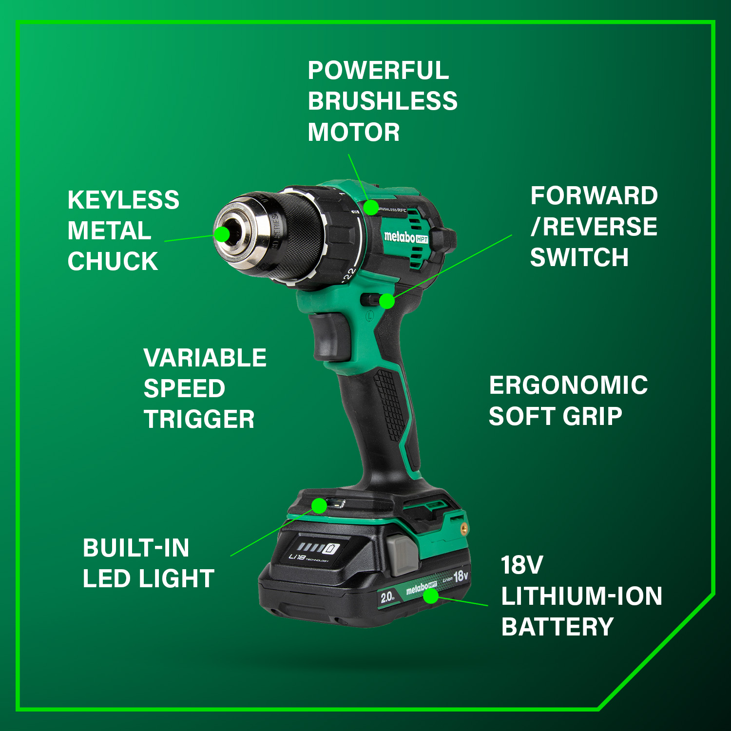 The Go Build Metabo HPT DS18DEX 18V MultiVolt™ Cordless Brushless Driver Drill Kit includes a 1/2" drill, powerful brushless motor, ergonomic grip, LED light, variable speed trigger, keyless metal chuck, and two 2.0Ah batteries.