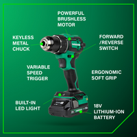 The Go Build Metabo HPT DS18DEX 18V MultiVolt™ Cordless Brushless Driver Drill Kit includes a 1/2" drill, powerful brushless motor, ergonomic grip, LED light, variable speed trigger, keyless metal chuck, and two 2.0Ah batteries.