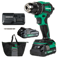 A Metabo HPT DS18DEX 18V MultiVolt Cordless Brushless Driver Drill Kit by Go Build, with two 2.0Ah batteries, charger, double-ended bit, and black tool bag is displayed on a white background.