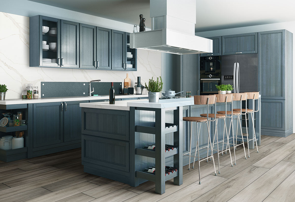 Modern kitchen with blue-gray cabinets, a white island and barstools, stainless steel appliances, open shelves, potted plants, and MSI XL Cyrus Dunite Oak Luxury Vinyl Planks flooring. A marble backsplash adds elegant style.