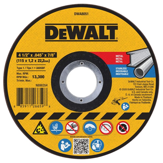 The DEWALT DWA8051 Metal Cut-Off Wheel, with dimensions 4 1/2 x .045 x 7/8, offers precise cutting at a max RPM of 13,300, and is designed for metal and stainless steel use.