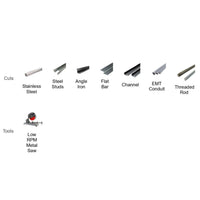 Diagram of metal cuts: stainless steels, steel stock, angle iron, flat bar, channel, EMT conduit, threaded rods. The tools section features a large metal band saw using Diablos DIABLO D0842CF 8 in. x 42-Teeth Steel Demon™ Cermet II Saw Blade for precise metal cutting.