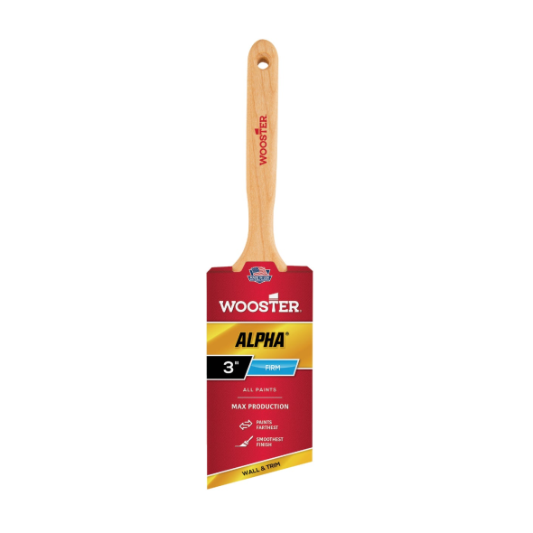 The WOOSTER Alpha Angle Sash Paint Brush is a 3-inch tool designed for professional painters, featuring a wooden handle and a red and yellow label. It offers precise control, maximum production, finish, and coverage with all paints.