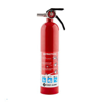 The FIRST ALERT FE1A10G Home1 is a red 2.5 lb fire extinguisher (UL Rated 1-A:10-B:C) with a black hose and handle, clear instructions and icons on a white label, and the FIRST ALERT brand at the bottom.