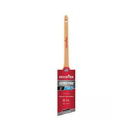 A 2-inch WOOSTER Ultra/Pro Firm Thin Angle Sash Paint Brush features a wooden handle with a red label on the bristles, ideal for professional painters. The brand name is displayed in red near the top of the light-colored handle, offering precision and firmness.