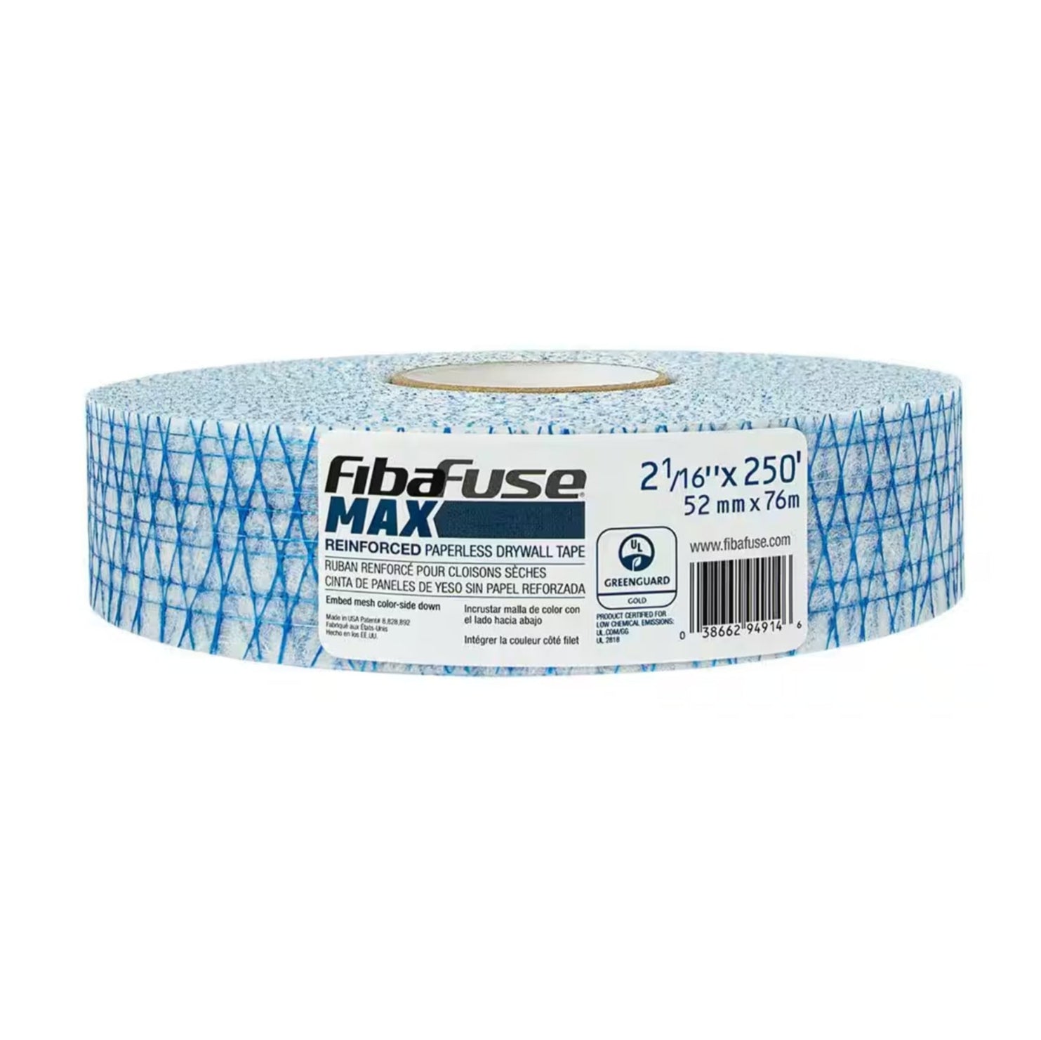 A roll of ADFORS FibaTape FDW9146-U FibaFuse Max Reinforced Paperless Drywall Joint Tape, 2-1/16 in. x 250 ft., features blue and white mesh with front product labeling.