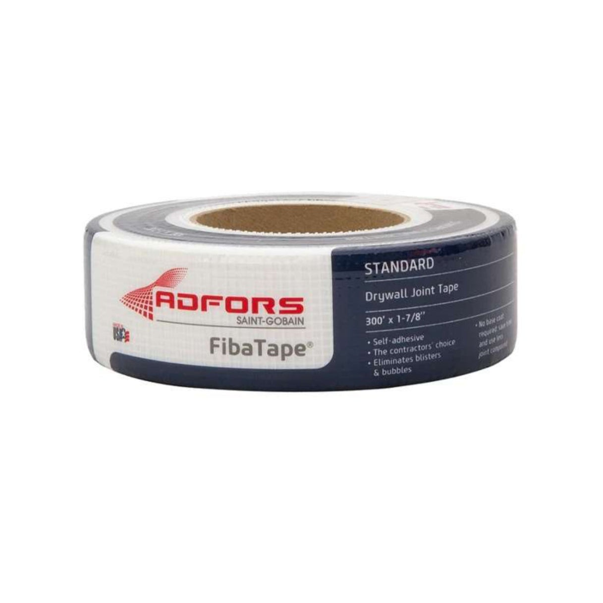 A roll of ADFORS FibaTape FDW8665-U self-adhesive fiberglass mesh joint tape, 1-7/8 in. x 300 ft., featuring crack resistance and product details printed on the side.