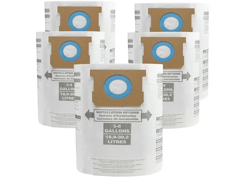 Five Shop-Vac Type E 5-8 Gallon Disposable Filter Bags, featuring brown collars and blue rings, are displayed in two rows against a white background—ideal for dirt and debris collection.