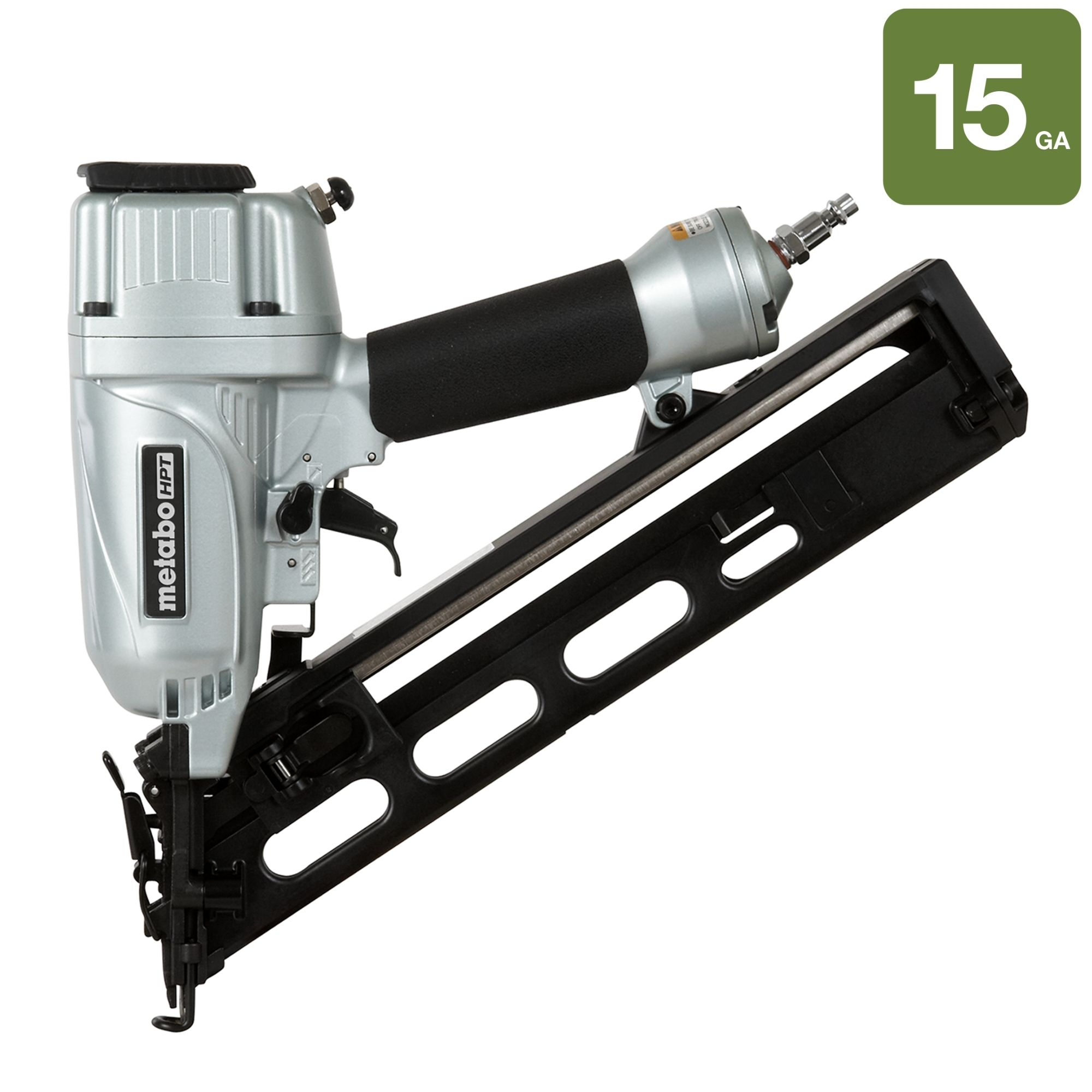 The Go Build Metabo HPT NT65MA4 2-1/2" 15 Gauge Angled Finish Nailer features a black magazine and silver/black body, with a green “15 GA” label for precision finish work. Includes air duster for convenience.