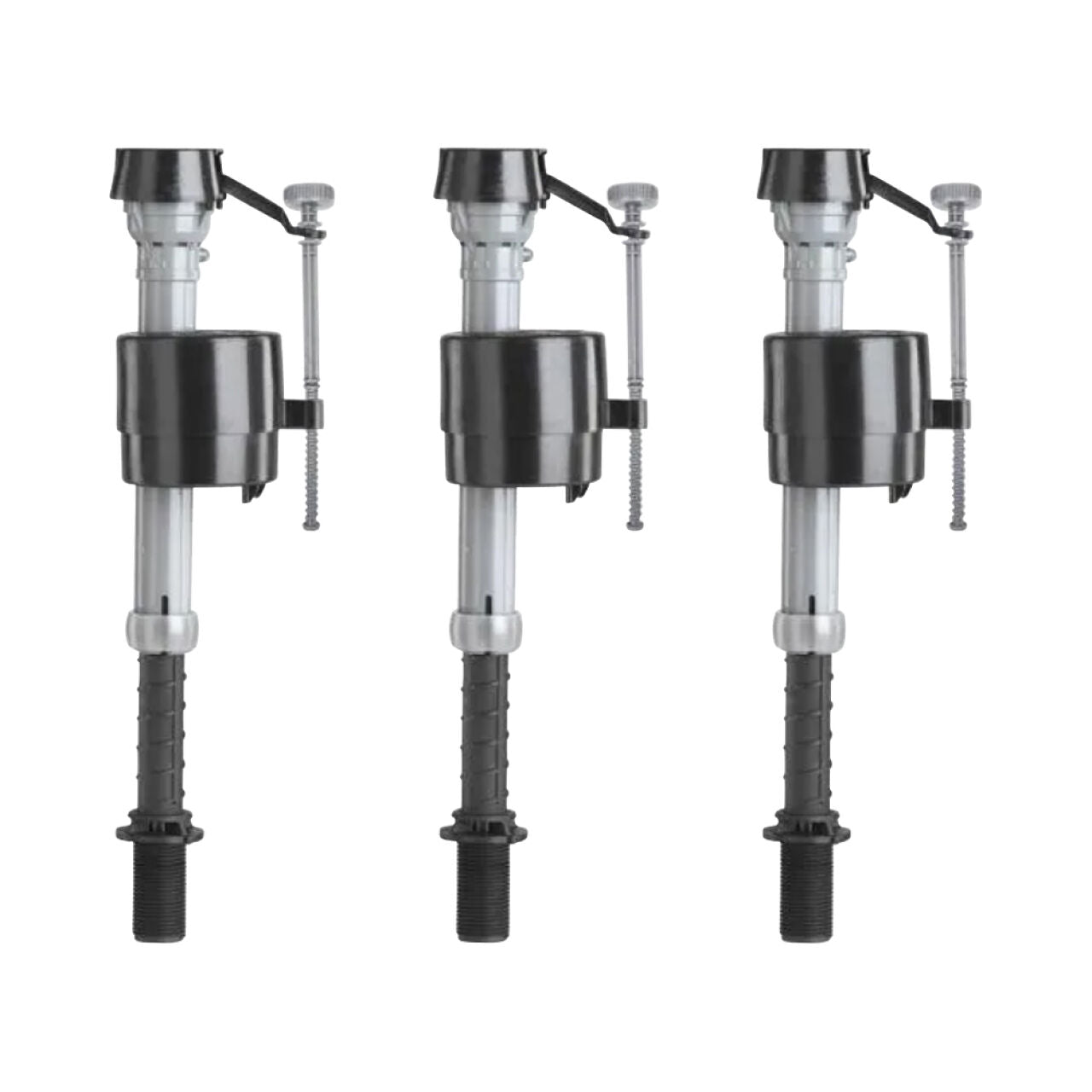 Three Go Build 400A Universal Toilet Fill Valves (3/Pack) stand upright in a row on a white background.