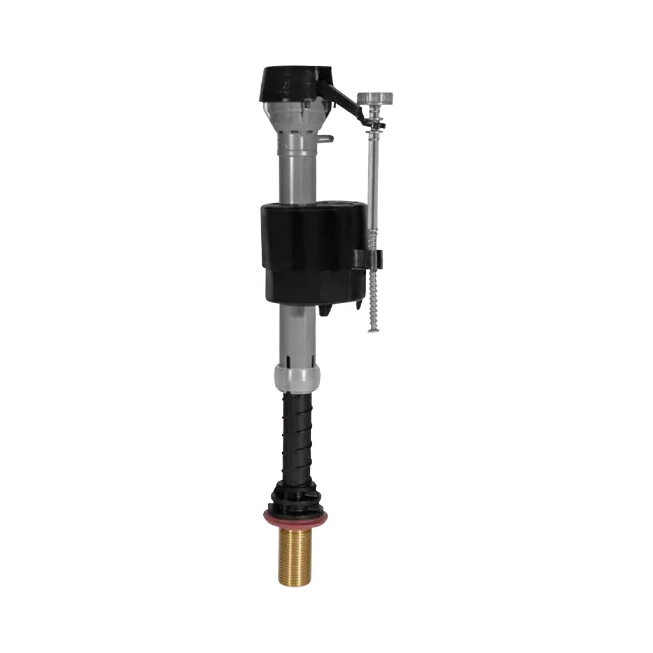 The Go Build 400A Universal Toilet Fill Valve with Brass Shank features a black and gray plastic body, adjustment screw, and fits most toilets—compatible with popular models like the Fluidmaster 400A.