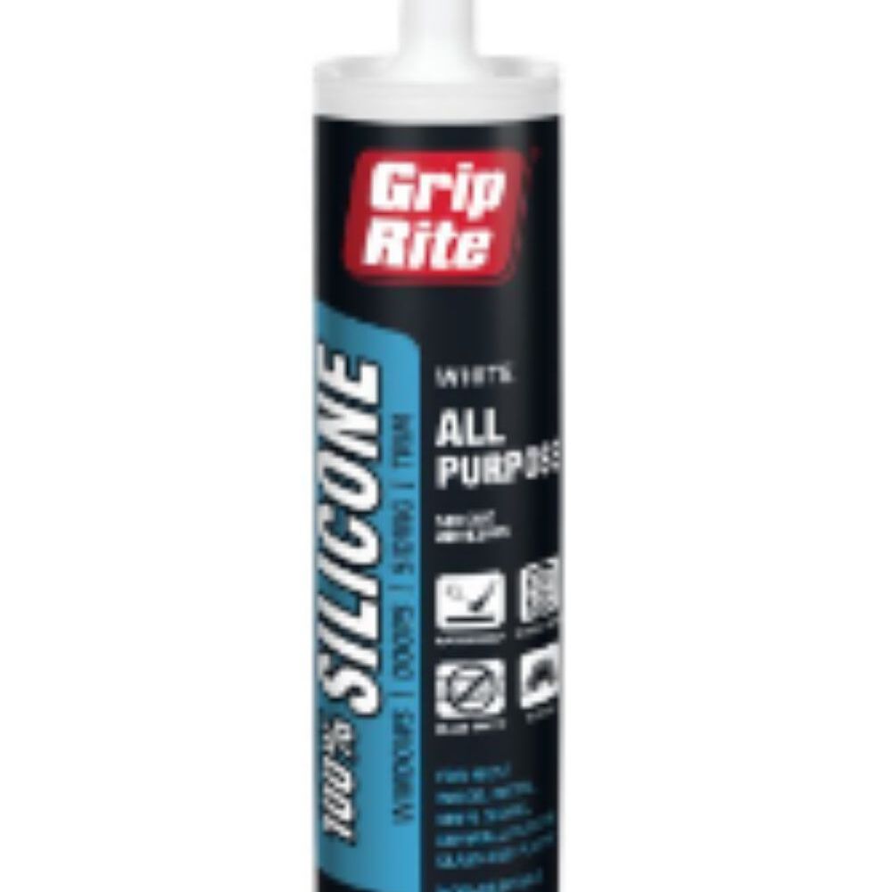 Image of a Go Build Grip Rite All Purpose Silicone Caulk Clear 10.1 OZ tube showcases black packaging with light blue accents and red branding, featuring a pointed nozzle. This fast-curing, shrink-proof sealant offers waterproof properties and is plumbing safe.