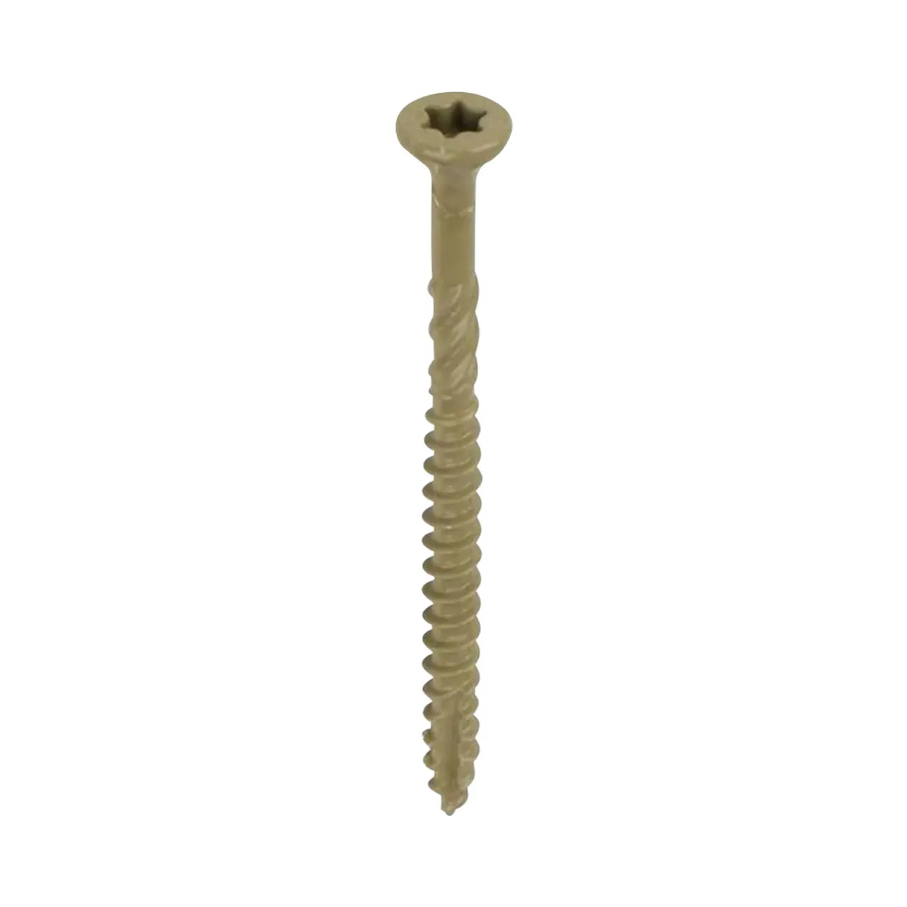 A single #9 x 2-1/2 in. Go Build Star Drive Bugle Head Wood Deck Screw with a tan finish and partially threaded shank is shown on a white background—ideal for outdoor projects and corrosion resistant.
