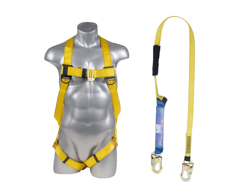 The Go Build Harness Lanyard Combo W/ BG03 Bag, a yellow safety harness essential for working at heights, is showcased on a silver mannequin torso. Its adjustable straps, buckles, and double-ended hooks are highlighted against a plain white background.