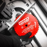 A gloved individual installs an 8-inch Diablo DIABLO D0842CF Steel Demon™ Cermet II saw blade with 42 teeth into a circular saw, designed for thick metal cutting. The image showcases the blades branding and details, ideal for slicing through stainless steel.