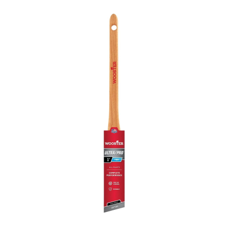 The WOOSTER Ultra/Pro Firm Thin Angle Sash Paint Brush features a wooden handle with a small hole, red packaging highlighting precise painting for professionals, and bristles designed for accuracy.