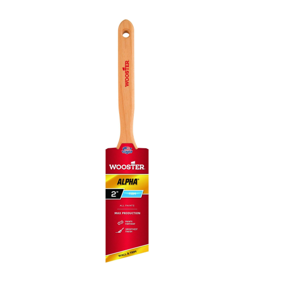 The WOOSTER Alpha Angle Sash Paint Brush features a wooden handle, offers Max Production and Precise Control, and is perfect for pros targeting wall and trim work. It comes in red packaging displaying the brand name.