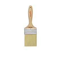 The WOOSTER 3 in. Chinex FTP Varnish Paint Brush has a branded wooden handle, precision-tipped beige bristles, and a metal ferrule securing the bristles. It stands upright against a white background, ready for your creative endeavors.