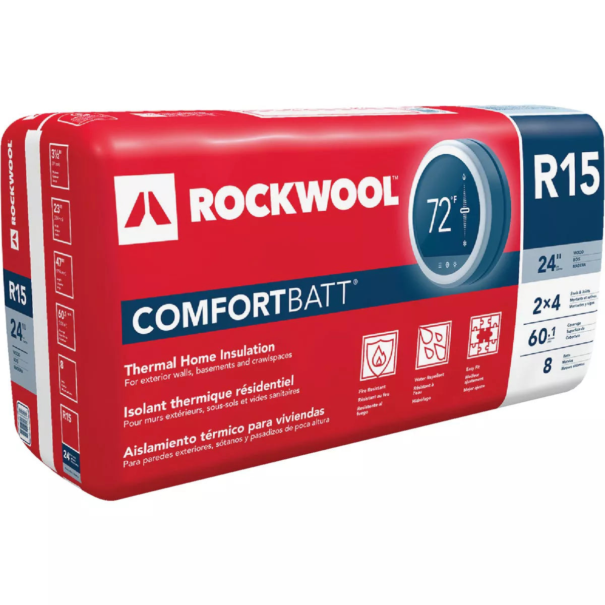 The Rockwool RXCB3523 R15 ComfortBatt, a 3-1/2 in. x 23 in. x 47 in. stone wool insulation batt (59.7 sq. ft.), comes in red and white packaging with icons for thermal, fire, and water resistance.