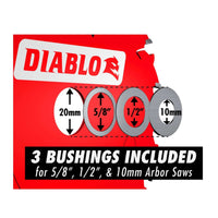 The DIABLO D053830FMX packaging shows the Diablo logo and includes bushings sized 20mm, 5/8, 1/2, and 10mm for arbor saws, highlighting its burr-free cuts for precision with Steel Demon™ Carbide Saw Blades.