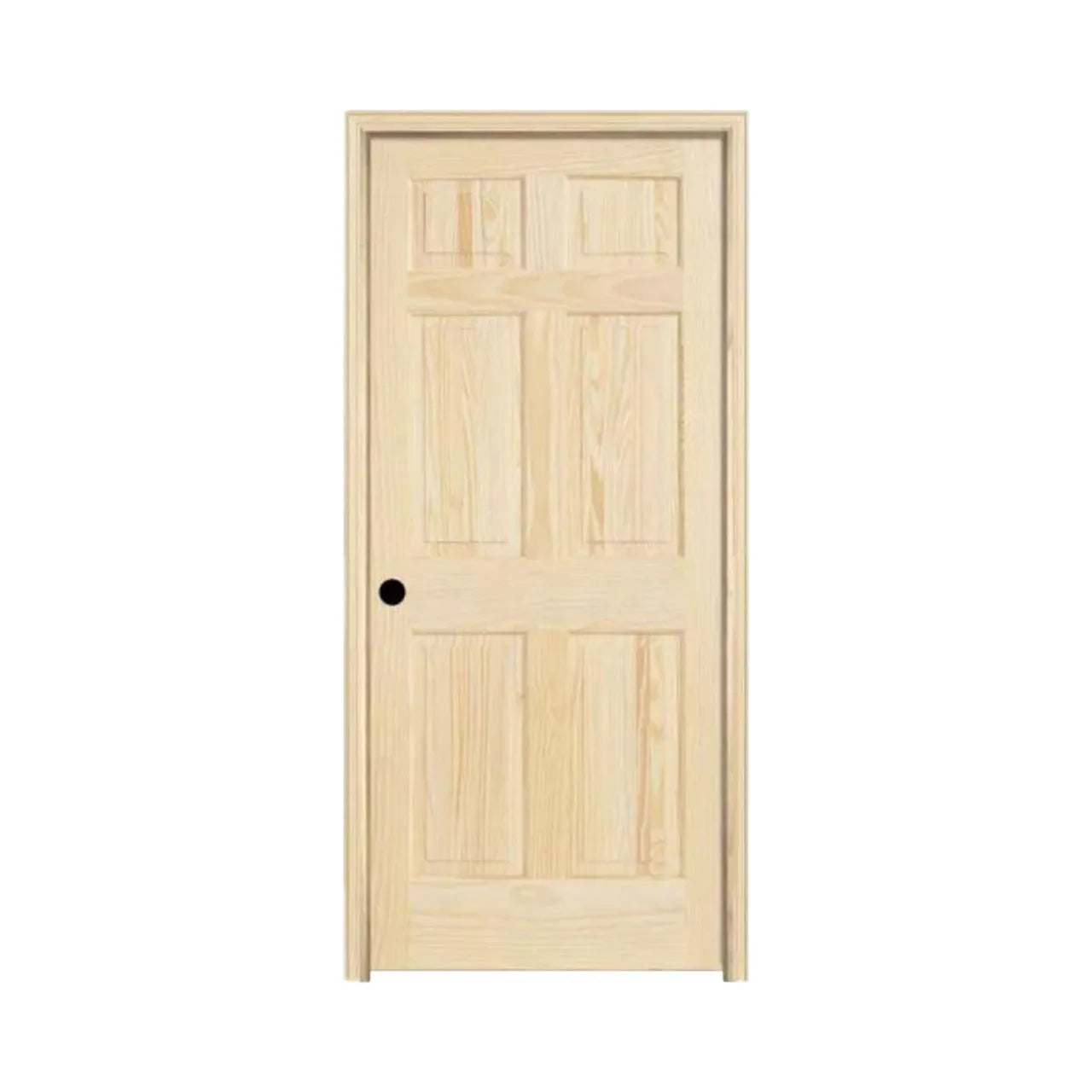 A 30 in. x 78 in. Pine 6-Panel Unfinished Right-Hand Solid Wood Single Prehung Interior Door with Split by Go Build, The Fastest Way To Build, shown closed with a round doorknob hole against a plain white background.