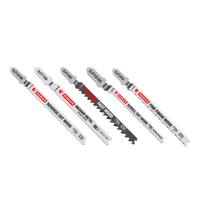 The DIABLO DJT5S Jig Saw Blade 5-Piece Set by Diablo features T-shank blades for reverse cut wood, medium metal, fast wood, scroll wood, and fine finish wood. Each blade has unique tooth patterns and markings for precision in cutting both wood and metal.